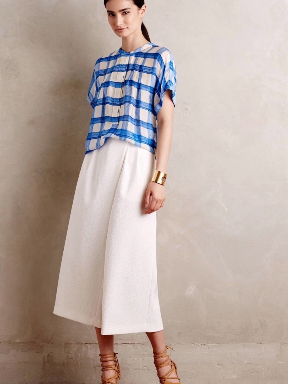 Maeve Anthropologie Blue White Plaid Tierra Blouse 100% Silk Size XL